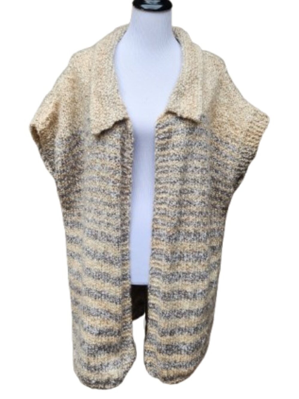 Handmade Plus Tunic Cardigan Sweater Short Sleeves Striped Open Front Beige Gray